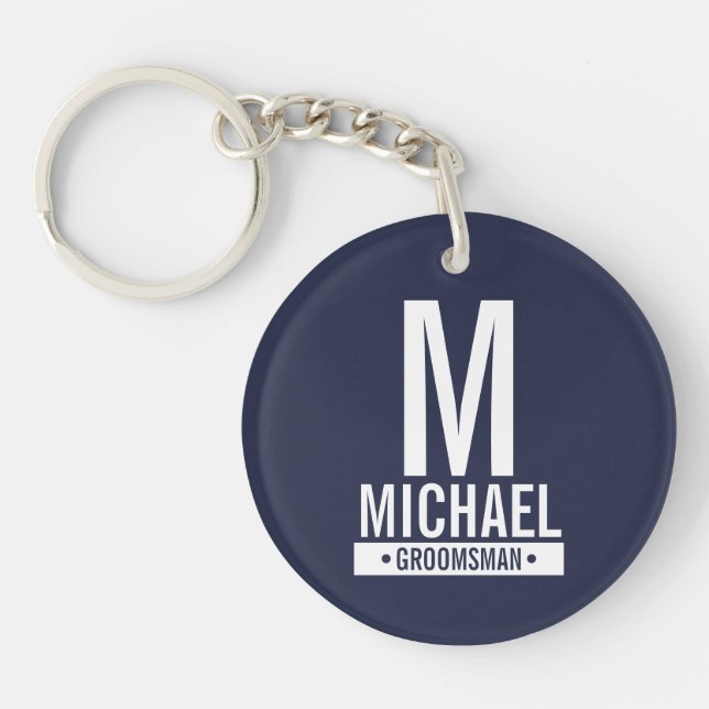 Navy Personalized Groomsman's Monogram and Name Keychain (Front)