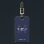 Navy Personalized Groomsmen's name and monogram Luggage Tag<br><div class="desc">Add a personal touch to your wedding with personalized groomsmen luggage tag. This luggage tag features personalized groomsman's name with title and wedding date in white and monogram in light navy blue as background, in classic serif font style, on navy blue background. Also perfect for best man, father of the...</div>