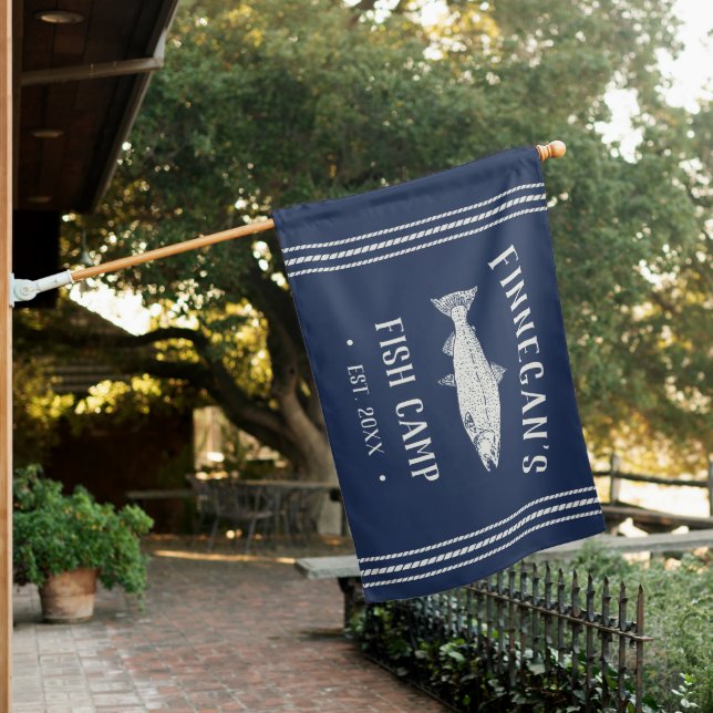 Navy | Personalized Rustic Fishing Cabin House Flag (In SItu)