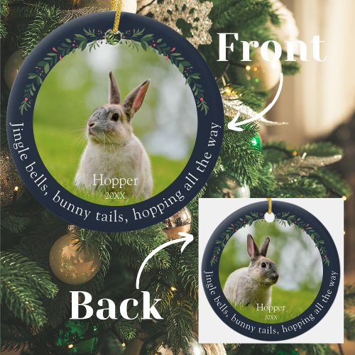 Navy Pet Rabbit Bunny Photo Christmas  Ceramic Ornament