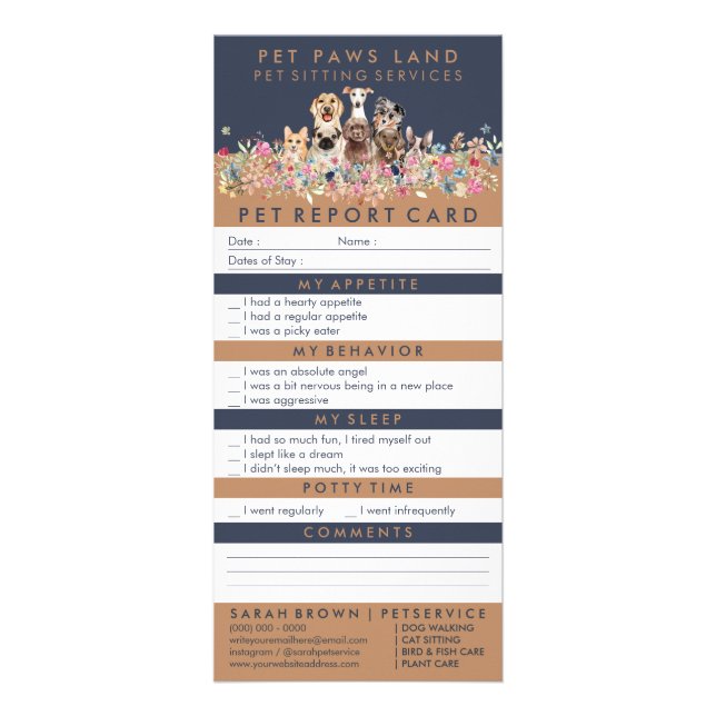 Navy Pet Report Boarding Cute Dogs Rack Card (Front)