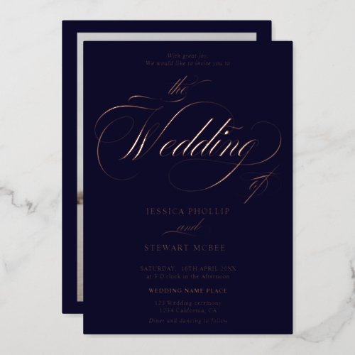 Navy photo calligraphy wedding rose gold foil invitation