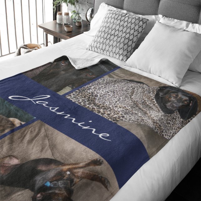 Navy Photo Collage Dog Fleece Blanket (Capture precious pet moments with our Modern Pet Photo Collage Fleece Blanket. )
