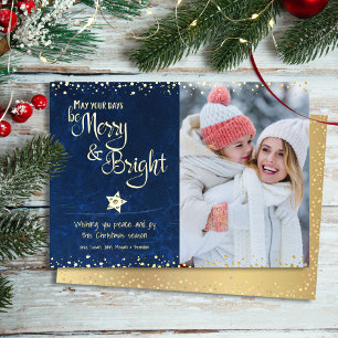 Navy Photo Days Be Merry Bright Script Real Gold Foil Holiday Card
