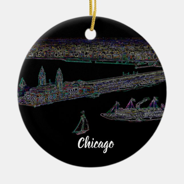 Navy Pier Chicago 1920's NEON  Art Windy City Ceramic Ornament (Front)