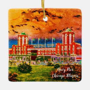Navy Pier Chicago 1920's Watercolor Art Windy City Ceramic Ornament