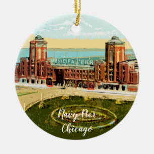 Navy Pier Chicago 1920's Watercolor Art Windy City Ceramic Ornament