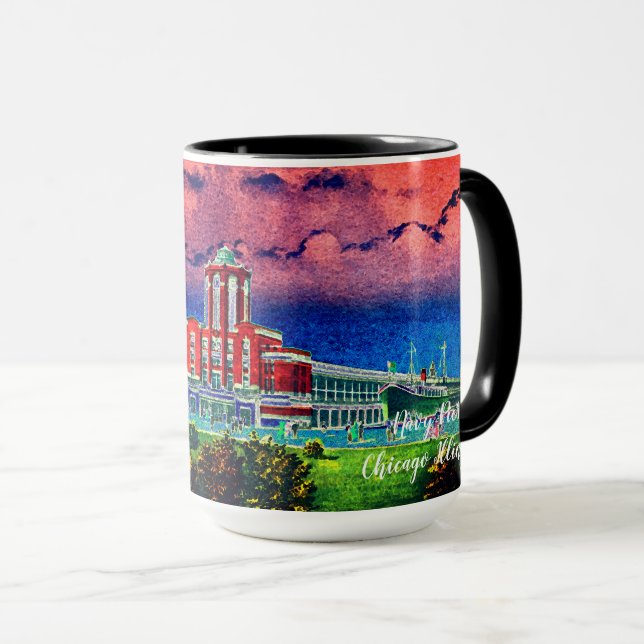 Navy Pier Chicago 1920's Watercolor Art Windy City Mug (Front Right)