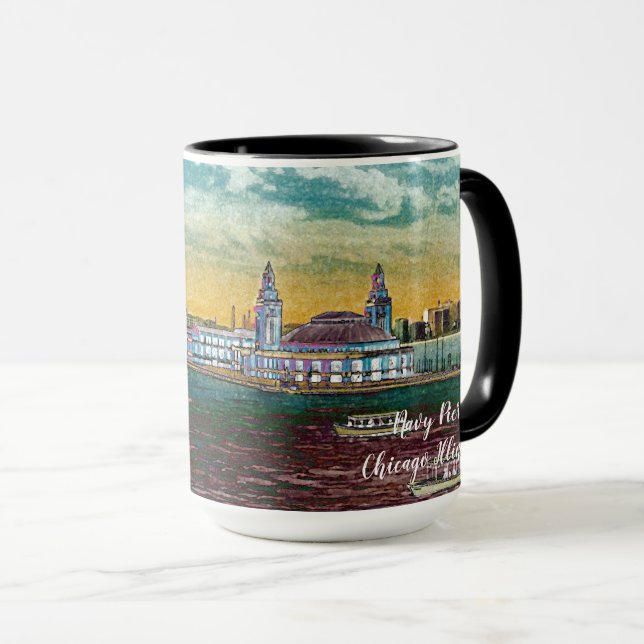 Navy Pier Chicago 1920's Watercolor Art Windy City Mug (Front Right)