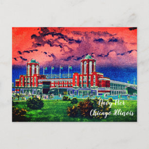 Navy Pier Chicago 1920's Watercolor Art Windy City Postcard