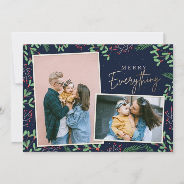Navy Pine Berries Merry Everything Multiple Photo Holiday Card (Front)