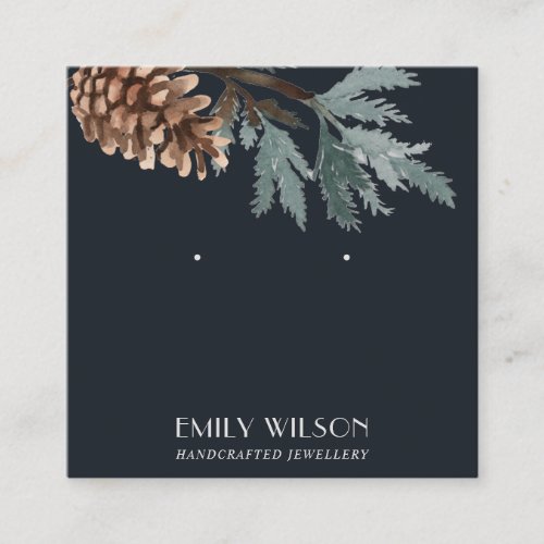 NAVY PINE CONE TREE BRANCH STUD EARRING DISPLAY SQUARE BUSINESS CARD