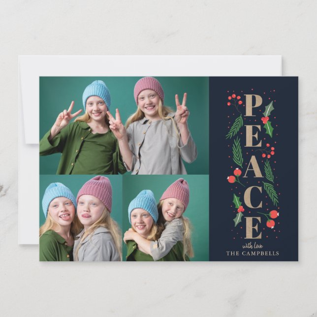 Navy Pine Holly Berries Gold Peace Multiple Photo Holiday Card (Front)