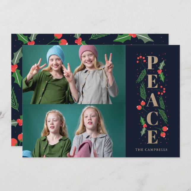 Navy Pine Holly Berries Gold Peace Multiple Photo Holiday Card (Front/Back)