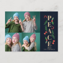 Navy Pine Holly Berries Gold Peace Multiple Photo Holiday Postcard