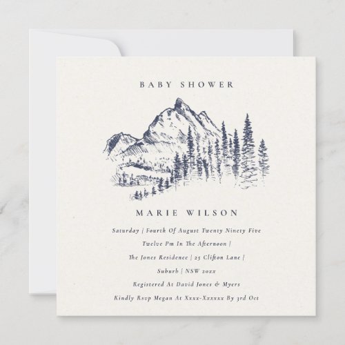 Navy Pine Mountain Sketch Baby Shower Invite