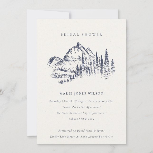 Navy Pine Mountain Sketch Bridal Shower Invite (Front)
