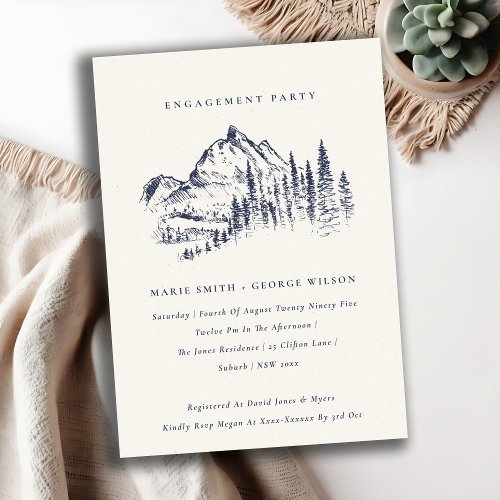 Navy Pine Woods Mountain Sketch Engagement Invite