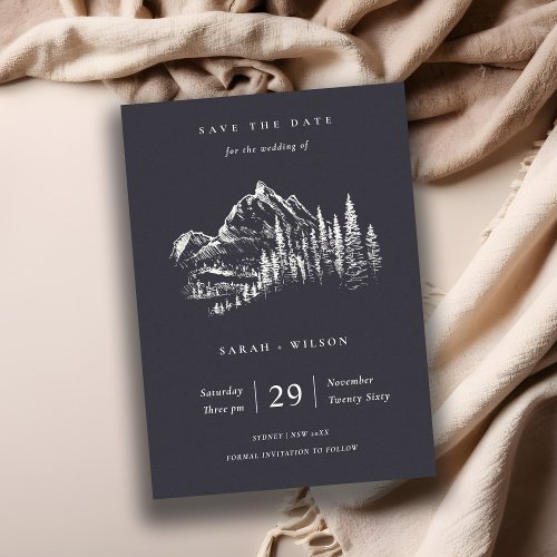 Navy Pine Woods Mountain Sketch Save The Date Card