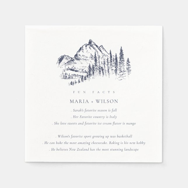 Navy Pine Woods Mountain Sketch Wedding Fun Facts Napkins (Front)