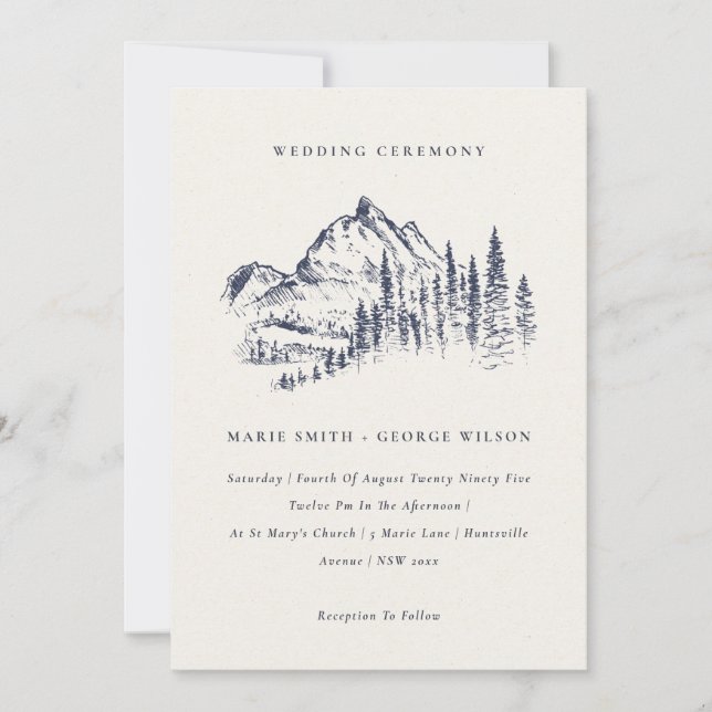 Navy Pine Woods Mountain Sketch Wedding Invite (Front)
