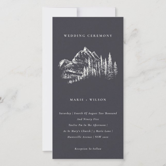 Navy Pine Woods Mountain Sketch Wedding Invite (Front)