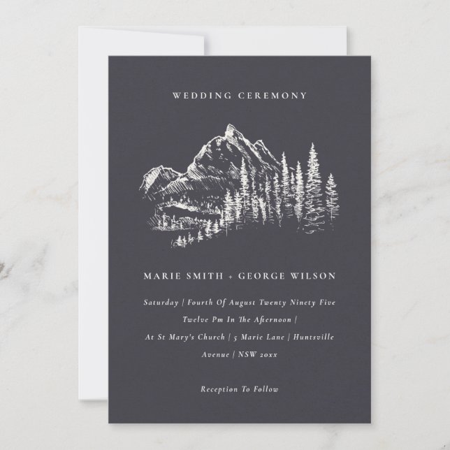 Navy Pine Woods Mountain Sketch Wedding Invite (Front)