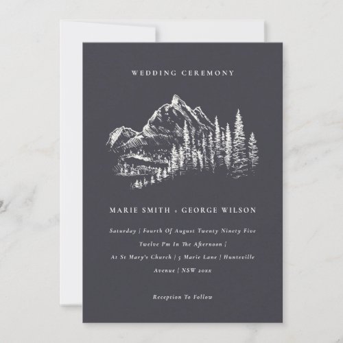 Navy Pine Woods Mountain Sketch Wedding Invite