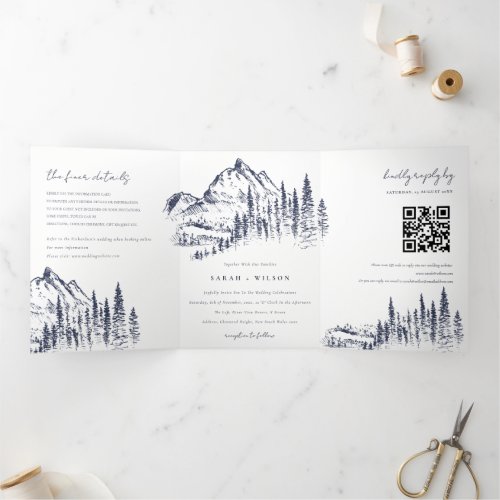 Navy Pine Woods Mountain Sketch Wedding QR Code Tri_Fold Announcement