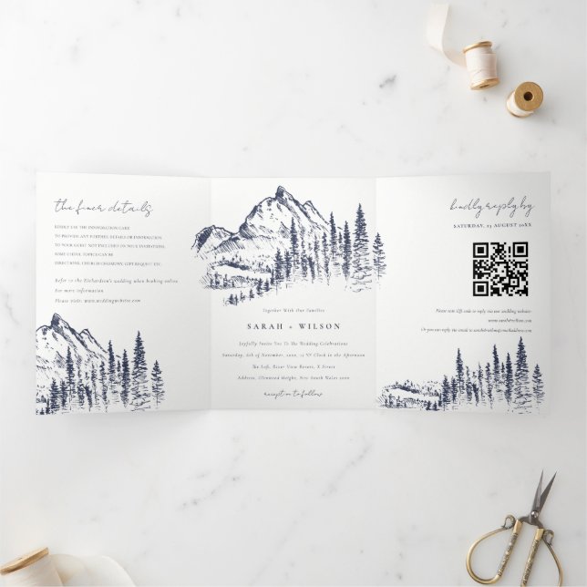 Navy Pine Woods Mountain Sketch Wedding QR Code Tri-Fold Announcement (Inside)