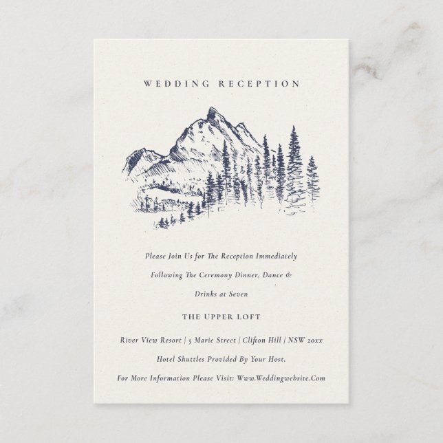 Navy Pine Woods Mountain Sketch Wedding Reception Enclosure Card (Front)