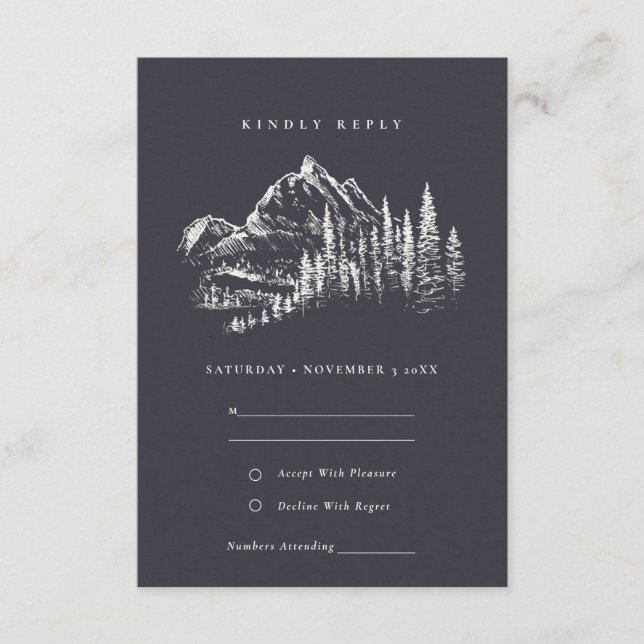 Navy Pine Woods Mountain Sketch Wedding RSVP Enclosure Card (Front)