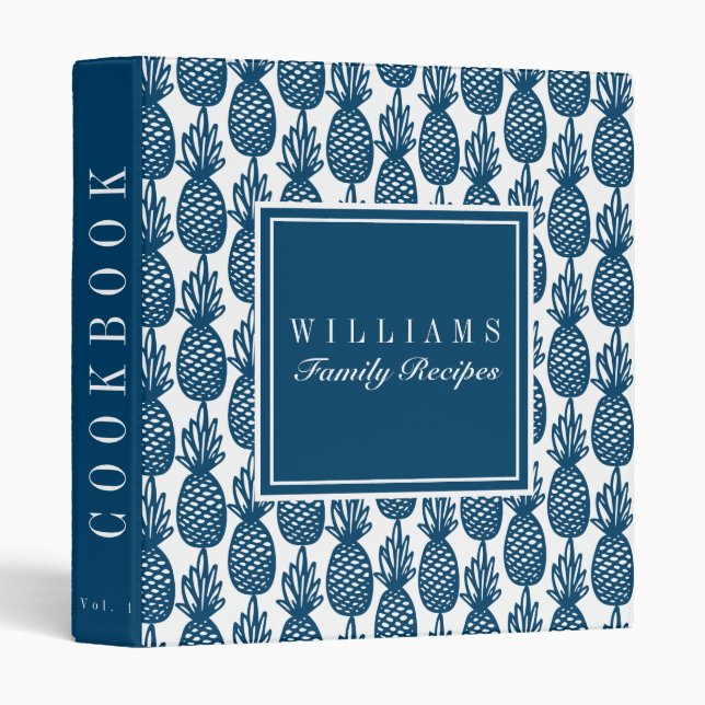 Navy Pineapple Pattern Family Recipe Cookbook 3 Ring Binder (Front/Spine)
