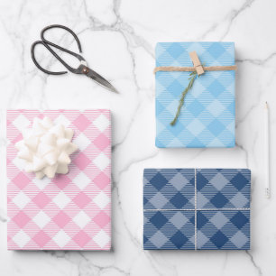 Navy, Pink and Blue Plaid  Wrapping Paper Sheets