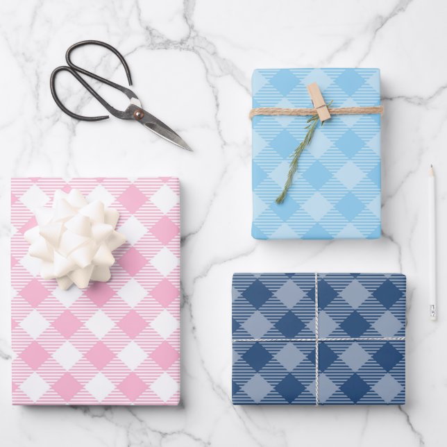 Navy, Pink and Blue Plaid  Wrapping Paper Sheets (Front)