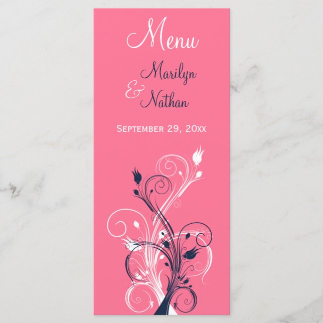Navy, Pink, and White Floral Menu Card (Front)