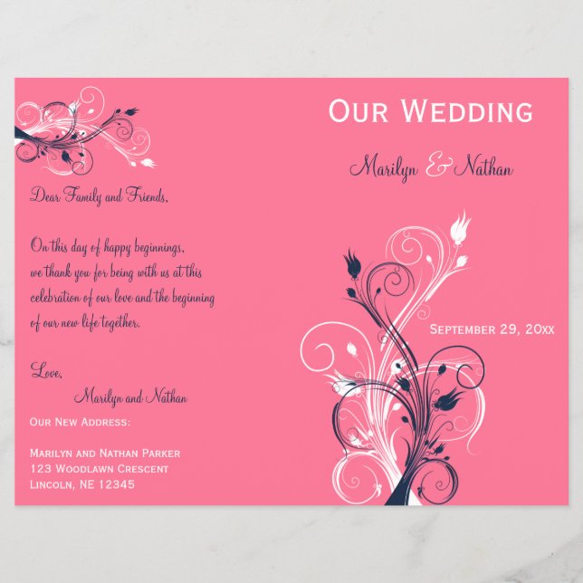 Navy, Pink, and White Floral Wedding Program (Front)