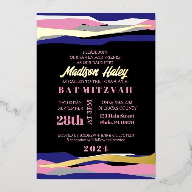 Navy Pink Bar Bat Mitzvah Invitation Gold Foil (Front)