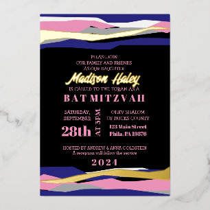 Navy Pink Bar Bat Mitzvah Invitation Gold Foil Foil Invitation
