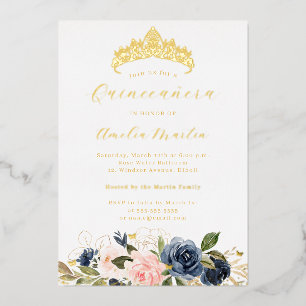 Navy Pink Blooming Floral Butterfly Quinceanera Foil Invitation