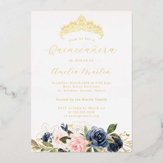 Navy Pink Blooming Floral Butterfly Quinceanera Foil Invitation (Front)
