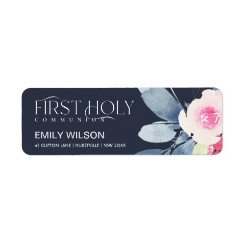 NAVY PINK BLUE FLORAL FIRST HOLY COMMUNION ADDRESS LABEL