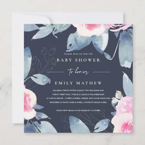 NAVY PINK BLUE FLORAL WATERCOLOR BABY SHOWER INVITATION