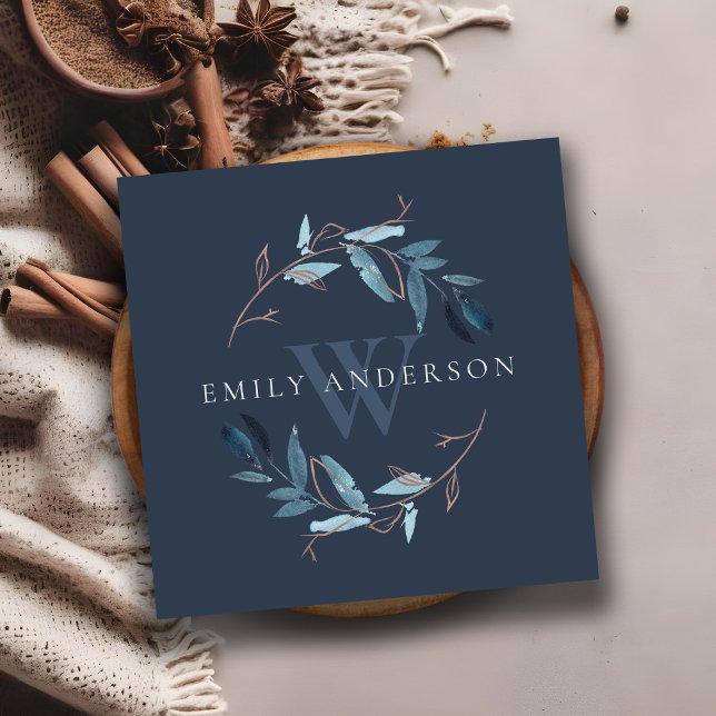 NAVY PINK BLUE FOLIAGE INITIAL WREATH PROFESSIONAL SQUARE BUSINESS CARD (Creator Uploaded)