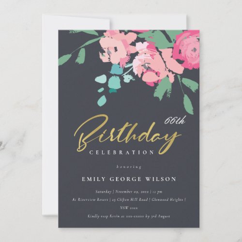 NAVY PINK BLUE GOLD PEONY FLORAL ANY AGE BIRTHDAY INVITATION