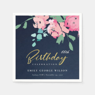 NAVY PINK BLUE GOLD PEONY FLORAL ANY AGE BIRTHDAY NAPKINS