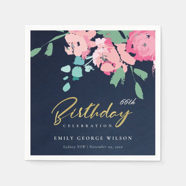 NAVY PINK BLUE GOLD PEONY FLORAL ANY AGE BIRTHDAY NAPKINS (Front)