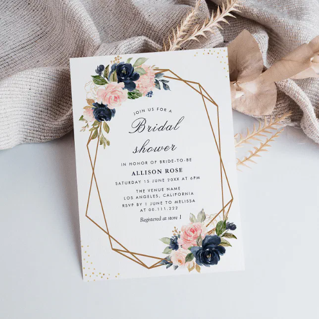 Navy & Pink Blush Bridal Shower Invitation 