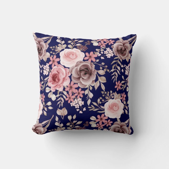 Navy Pink Blush Roses Aesthetic Floral Pattern Throw Pillow (Front)