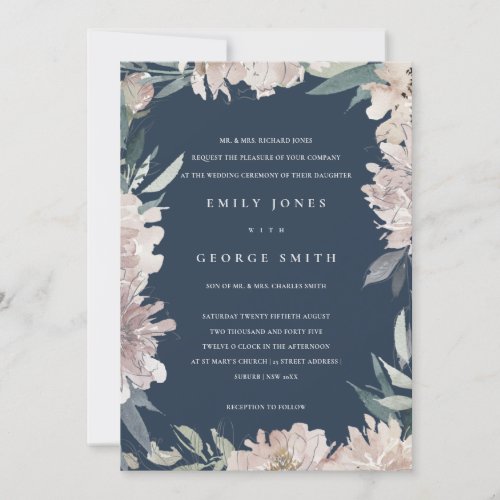 NAVY PINK BLUSH WATERCOLOR FLORAL WEDDING INVITE